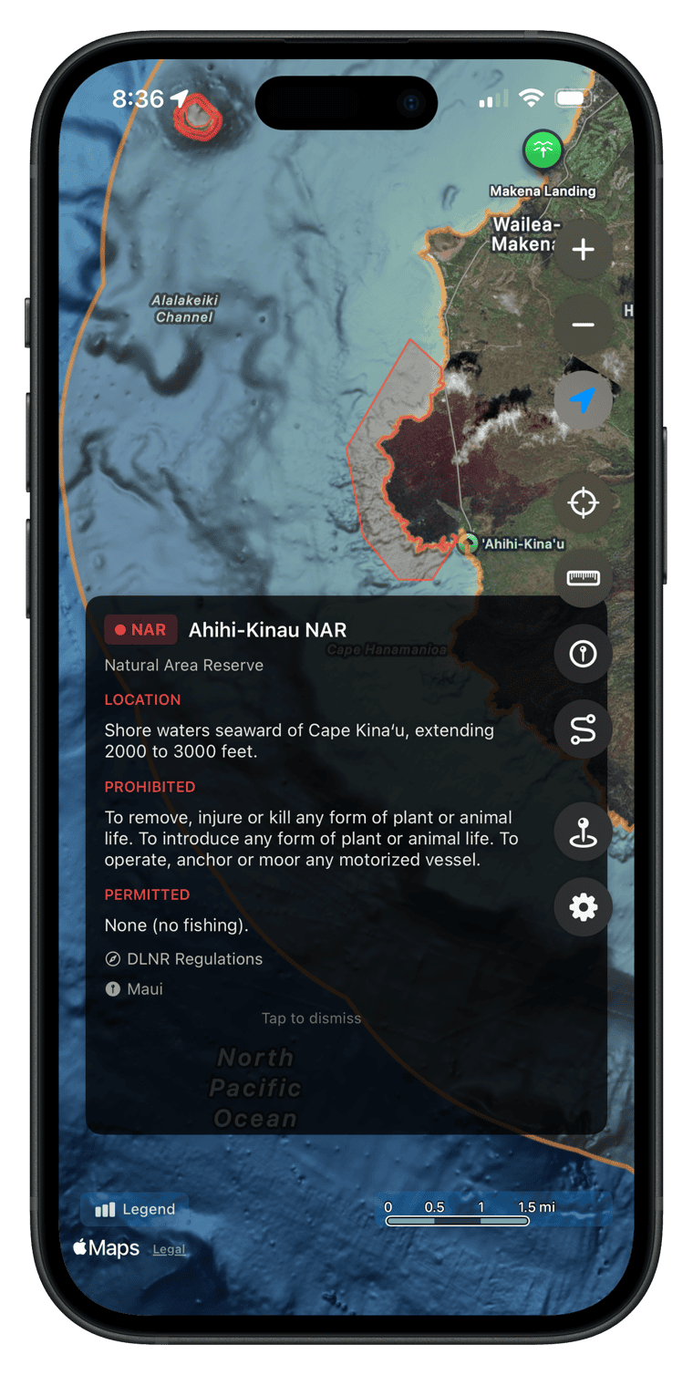 Fishing restriction zone details for Ahihi-Kinau NAR
