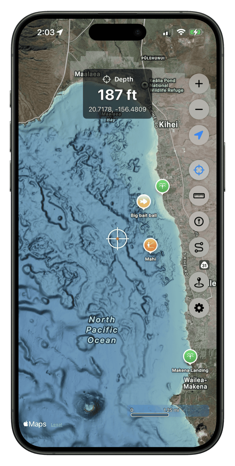 Depth query showing 187 ft with placemarks visible
