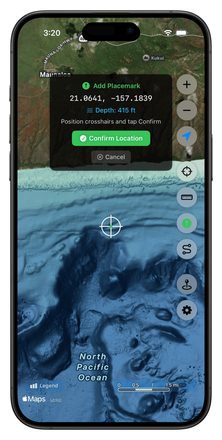 Add placemark dialog showing coordinates and depth