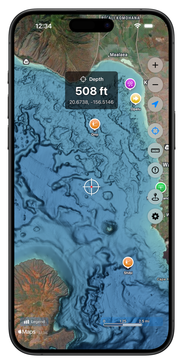 Bathymetry map showing depth query with crosshairs