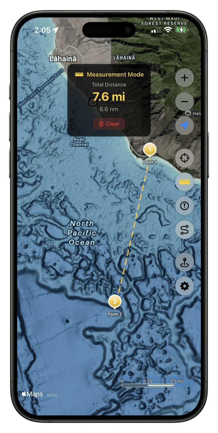 Measurement mode showing 7.6 mile distance