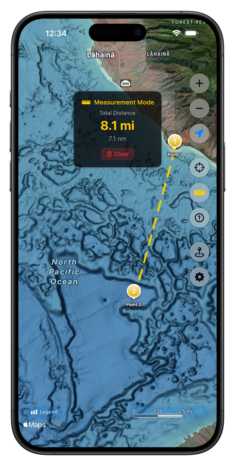 Distance measurement between two ocean points