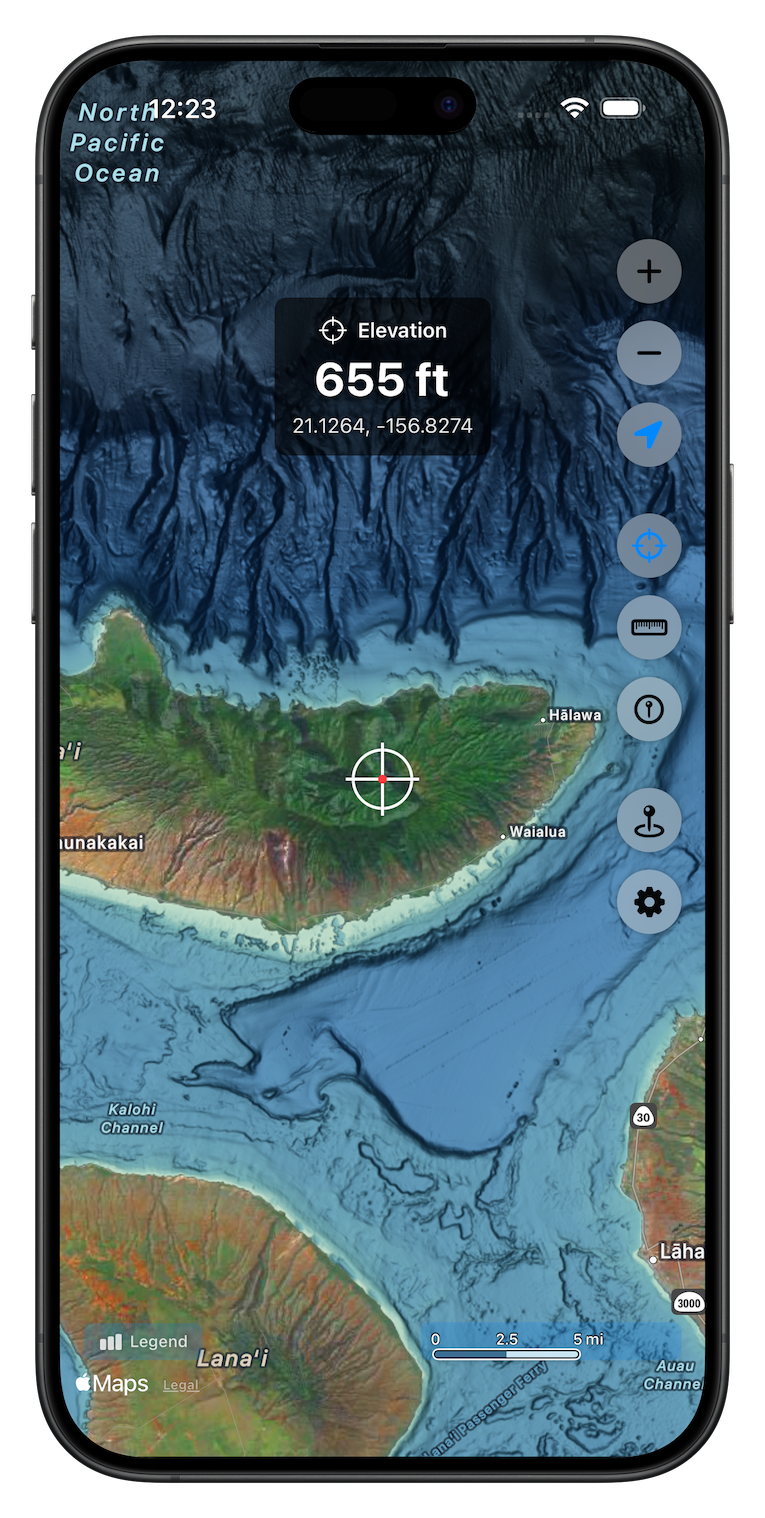 Land elevation display showing height above sea level