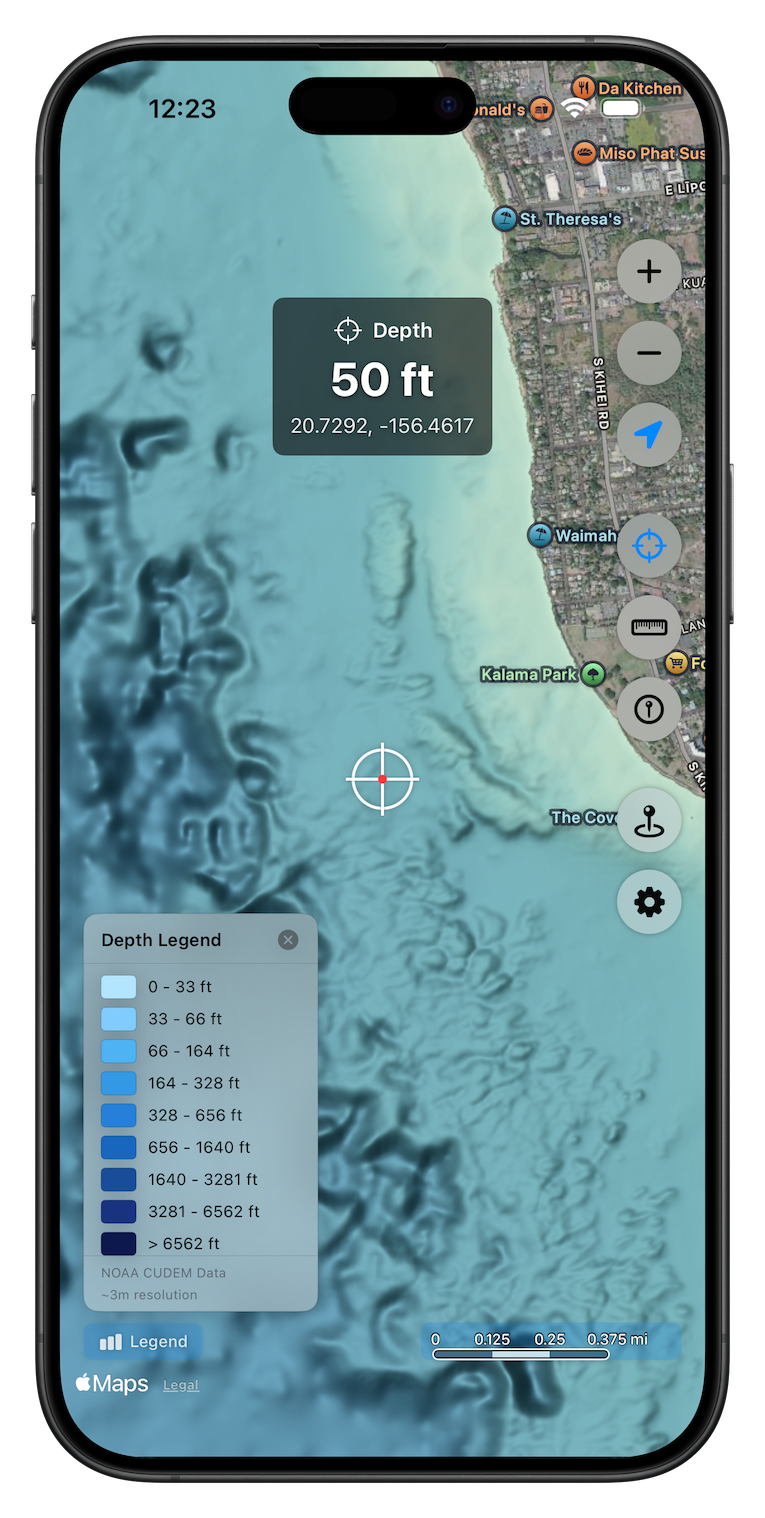 Depth tool showing underwater terrain details