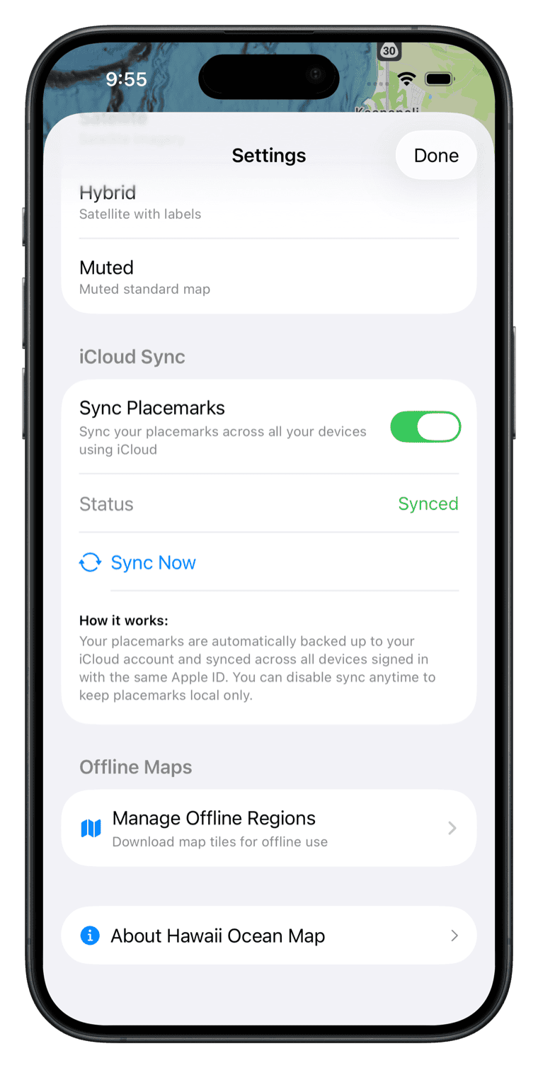 Settings screen with iCloud sync options