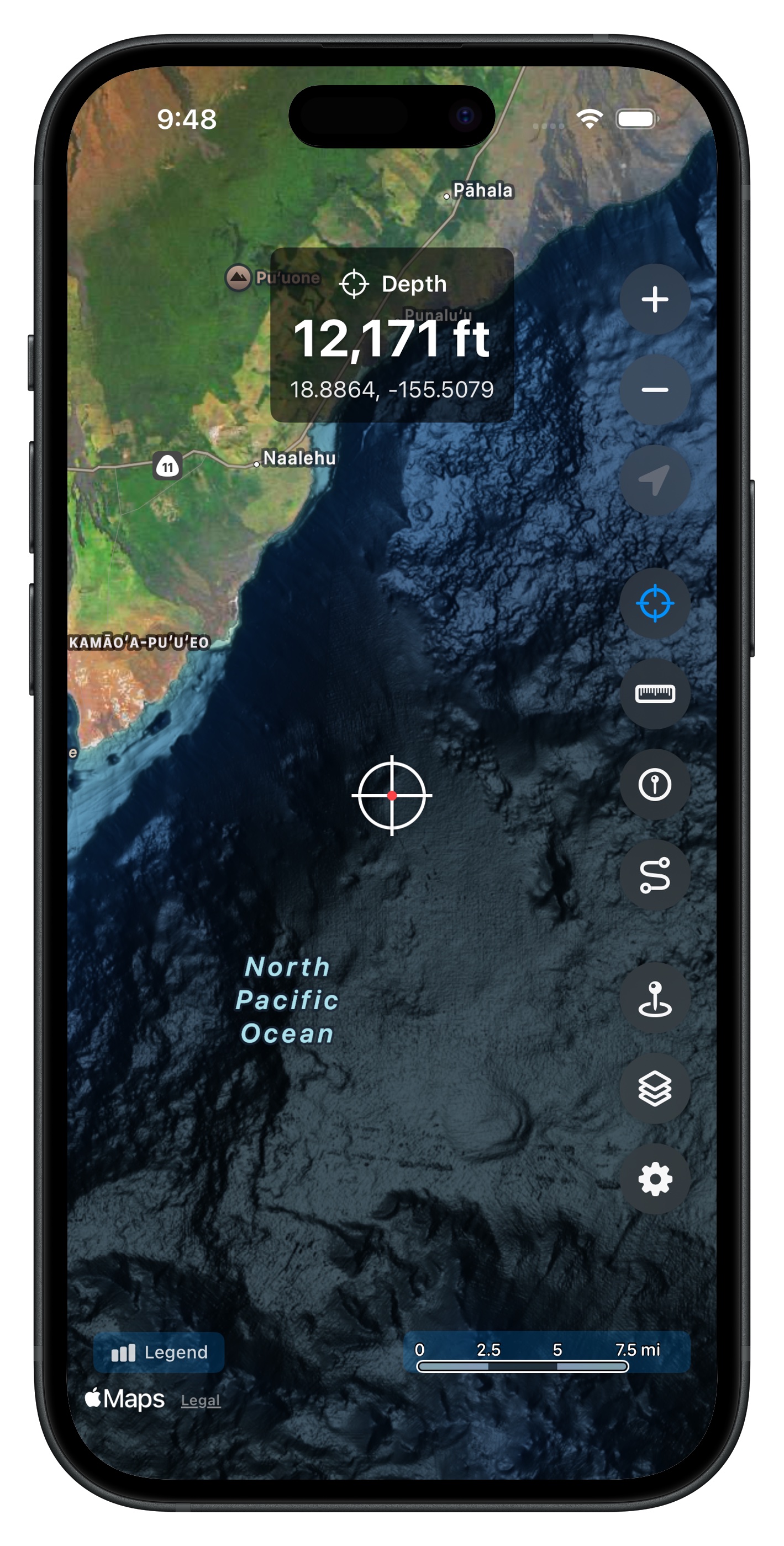 Bathymetry map with placemarks along the coast